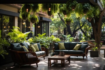 Urban terrace with vertical garden and chairs., generative IA