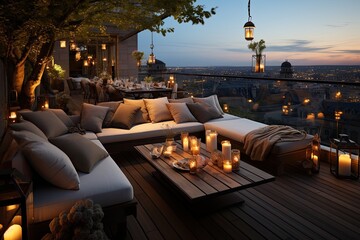 Welcoming nights on terrace with fireplace and lounge., generative IA