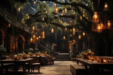 Festive hall with rustic decoration and welcoming lights., generative IA