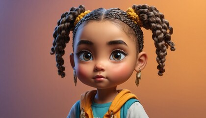 A young girl with dark skin and braided hair, wearing a blue shirt and a vest, standing on a gradient powerful orange background. A chibi-style 3D image