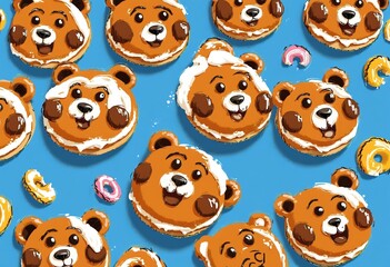 Bear-shaped bagels with cream cheese and bear face designs, cartoon style on a blue background.