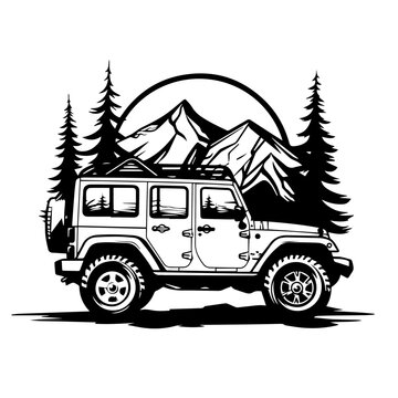 Camping jeep 4x4 with mountain, pine trees and moon in background