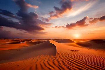 Naklejka premium A dramatic desert landscape bathed in the warm glow of a sunset. The sand dunes cast long shadows as the sun dips below the horizon.