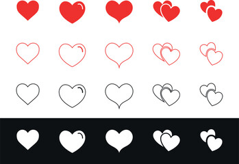 Set of hearts in red color, Red heart icons set vector, Set of 20 hearts of different shapes for web. Heart collection. Vector Art. Lovey heart black logo stroke and fill