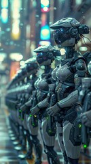 Fototapeta premium Soldiers of beautiful AI girls line up in a fantastic futuristic city