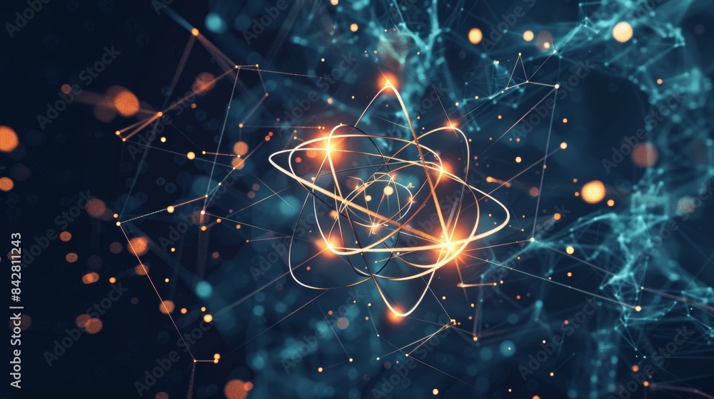 Poster a polygonal space background with dots and lines connecting the dots and lines. an abstract atom.