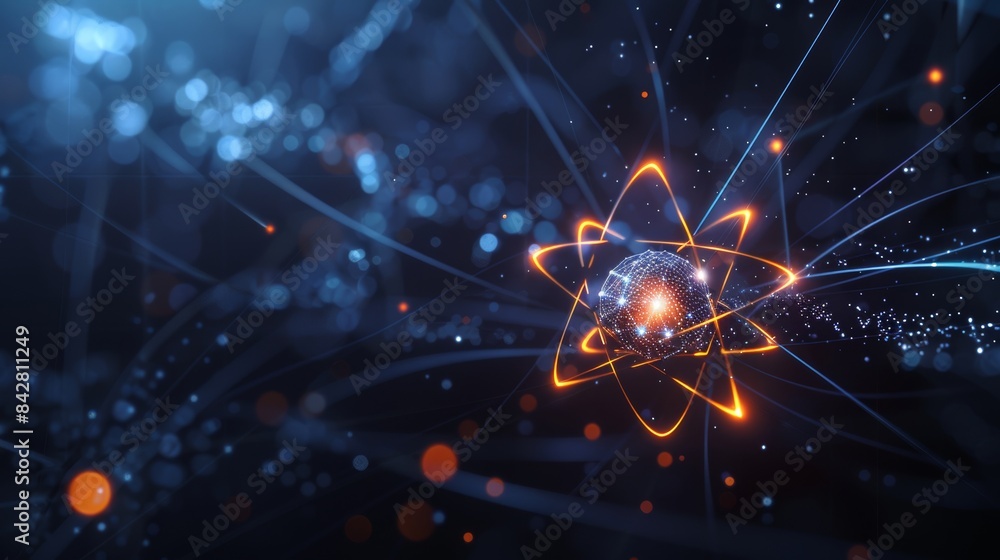 Poster particles from an abstract atom on an abstract polygonal space background.