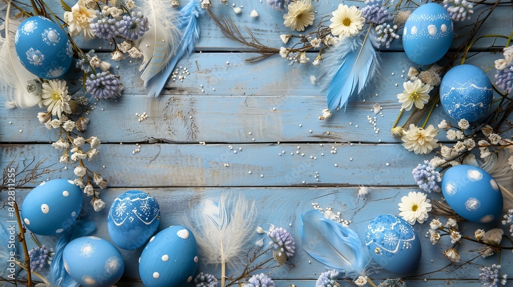 Poster in this picture there is a wooden background with eggs and feathers on it. top view with copy space.