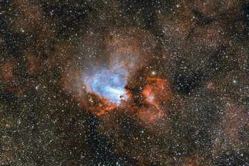 The Omega Nebula, also known as the Swan Nebula, Checkmark Nebula, Lobster Nebula, and the...