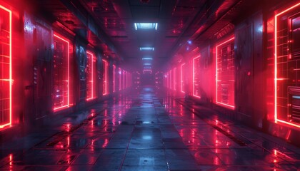 Cyberpunk-style background with digital grids and neon lights