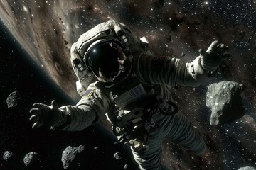 Fototapeta premium Floating outside the spacecraft, the astronaut marveled at the silent expanse of space, the stars twinkling like distant beacons guiding him through the cosmos