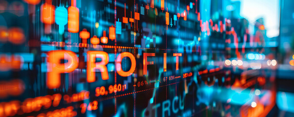 "Profit" text displayed over stock market charts and digital analytics, indicating financial growth and economic success.