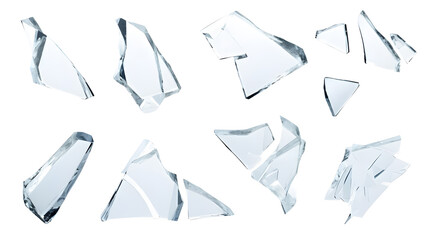 Set of pieces broken glass isolated on white background