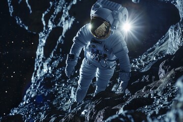Fototapeta premium The astronaut paused for a moment, gazing at the horizon, before resuming his walking, driven by the desire to explore the planet and discover what lies beyond the next ridge