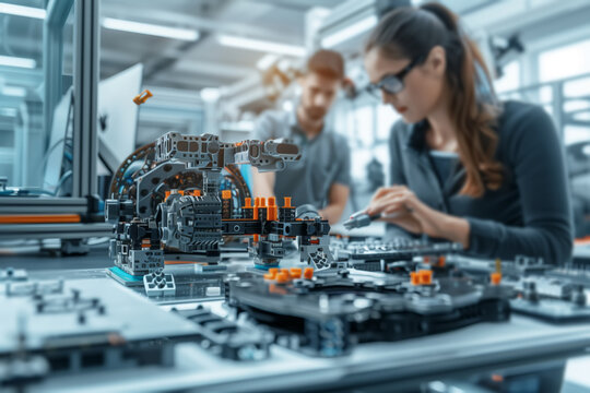 Engineers collaborate on a robotics project in a modern workshop