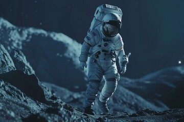 Fototapeta premium Despite the challenges of low gravity, the astronaut kept walking steadily, determined to explore every inch of the mysterious planet's surface