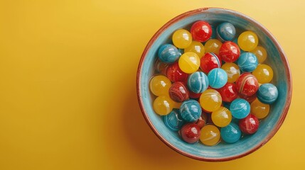 Obraz premium Top view of colorful marbles in a blue ceramic bowl on a yellow background