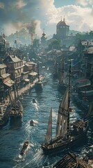 Fototapeta premium A bustling city harbor, realistic.