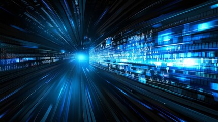 Obraz premium High-speed data transfer concept with glowing blue light and digital elements