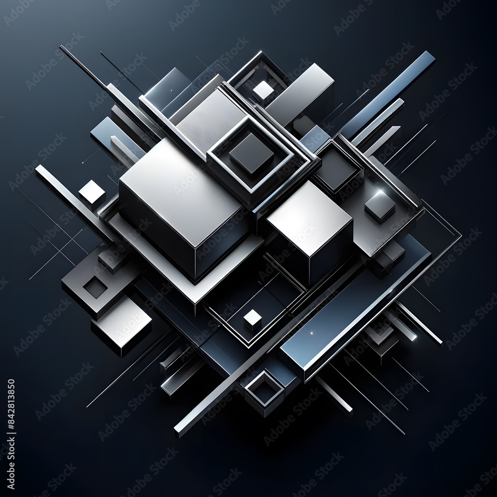 Poster abstract geometric design you provided. The composition features intersecting metallic rectangular and square shapes in dark grey and black