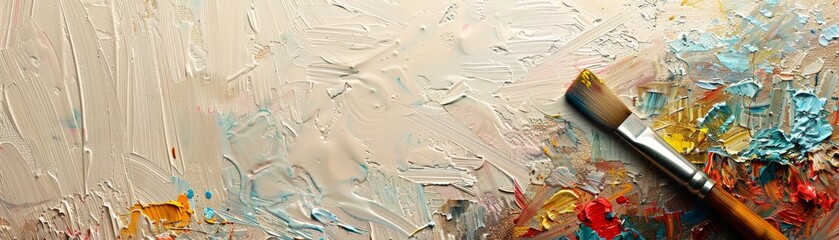 Obraz premium Close-up of colorful palette knife painting with brush on textured canvas art abstract background