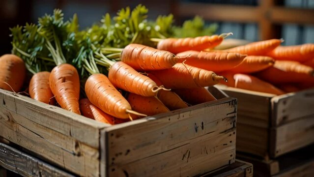 Carrots ripe stored in wooden crates at warehouse with blurred background 