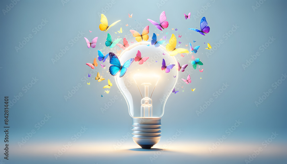 Poster a brightly glowing light bulb with colorful butterflies flying out of it, creating a whimsical and i