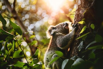 Obraz premium Koala clinging to a eucalyptus tree