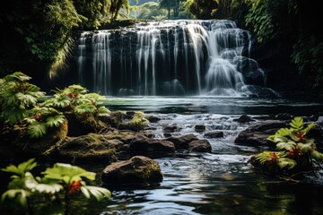 Obraz premium Majestic waterfall at the exuberant Akaka Park, Hawaii., generative IA