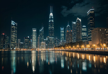 Obraz premium the city skyline at night in shanghai, china