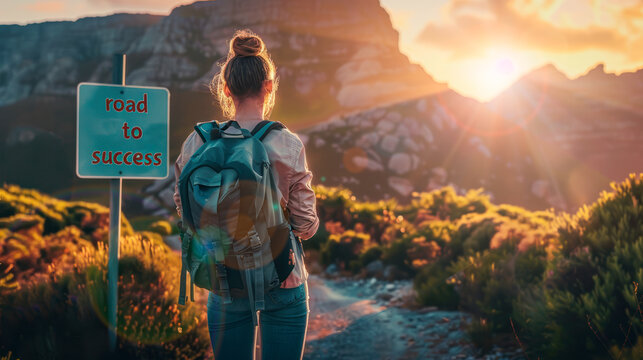 woman with backpack standing at a road sign "road to success" at path in mountains on a sunny day. Concept of success, appreciation, achievement and determination, goal, strategy, making decision