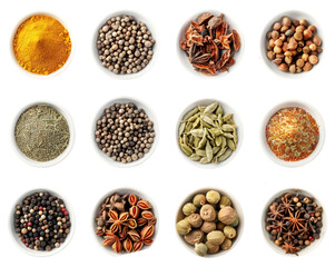 Different Types of spices in mini bowl isolated on transparent background