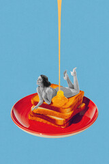 Black and white vintage-style woman lying on stack of toast with pouring honey against blue...