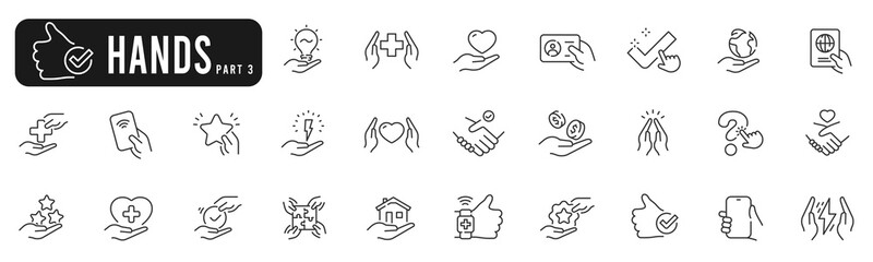 Set of hands line icons pack 3. Thumb, service, payment, idea etc. Editable stroke
