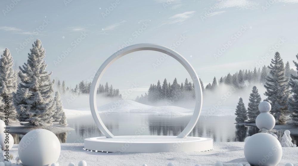 Poster this is a mockup of a winter scene with a white podium and round arch in stock . three dimensional r