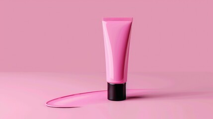 Experience elegance: Pink cosmetic tube with black cap on pink background, a refined packaging mockup for your branding needs