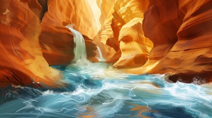 rapid river in antelope canyon, storybook style with magical creatures 