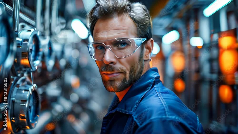 Poster engineer in helmet and uniform working at the factory. he is checking the machine pipe in the oil re