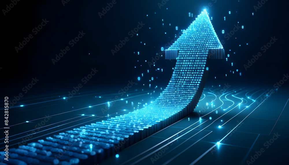 Poster a digital pathway composed of glowing blue binary code stretching into the distance, forming an arro