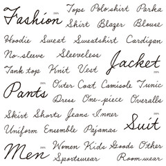 色々な種類の服の名称の筆記体の飾り英字