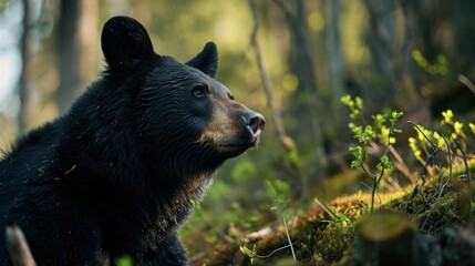 Naklejka premium Majestic Black Bear Exploring Lush Forest.