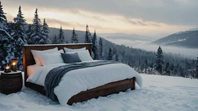 Large double bed in nature in cold winter in the snow frosty freshness