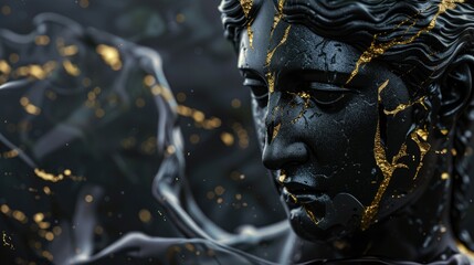 Experience the blend of old and new: 3D rendering presents an ancient Greek statue crafted in black marble, enriched with modern gold accents, a captivating digital artwork