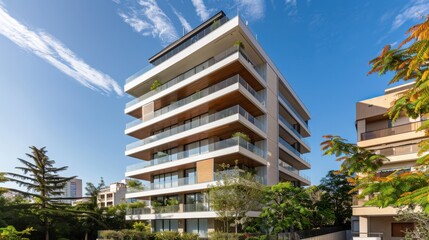 A tall building with a balcony and a tree in front of it