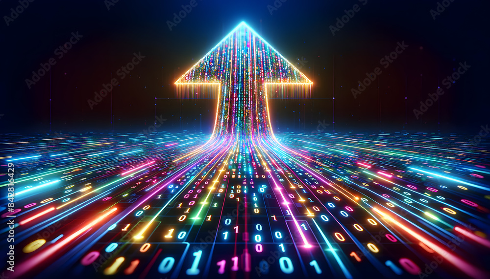 Poster a digital pathway composed of glowing blue binary code stretching into the distance, forming an arro