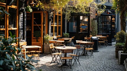 Naklejka premium Charming Rustic Outdoor Cafe in Urban Setting.