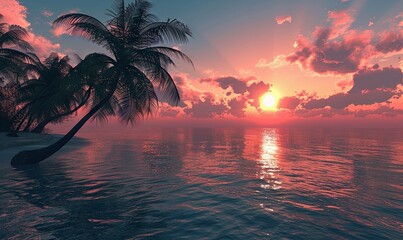 Obraz premium A tranquil beach sunset with palm trees. Realistic.