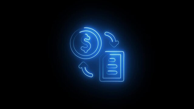 Glowing neon line Dollar rate decrease icon isolated on black background. Cost reduction. Money symbol with arrow and neon file document icon.