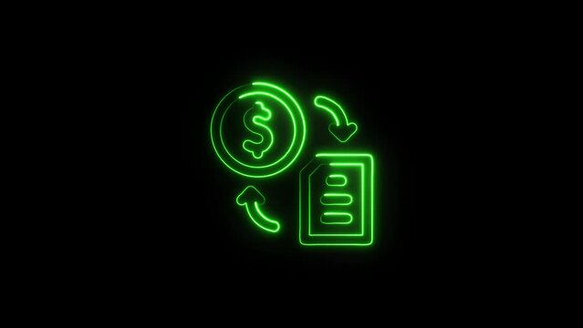 Glowing neon line Dollar rate decrease icon isolated on black background. Cost reduction. Money symbol with arrow and neon file document icon.