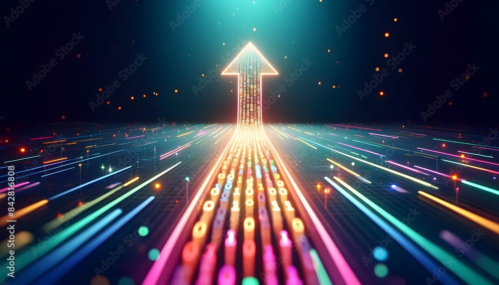 Poster a digital pathway composed of glowing blue binary code stretching into the distance, forming an arro